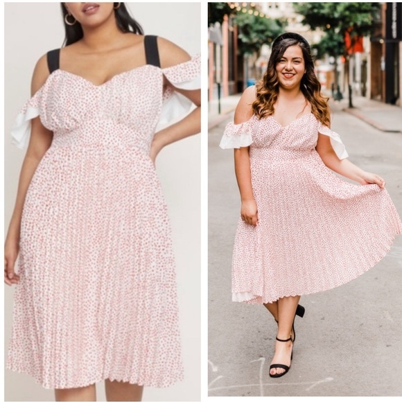 Eloquii Plus Size Ruffle & Pleated Cold Shoulder Heart Dress - Picture 1 of 6